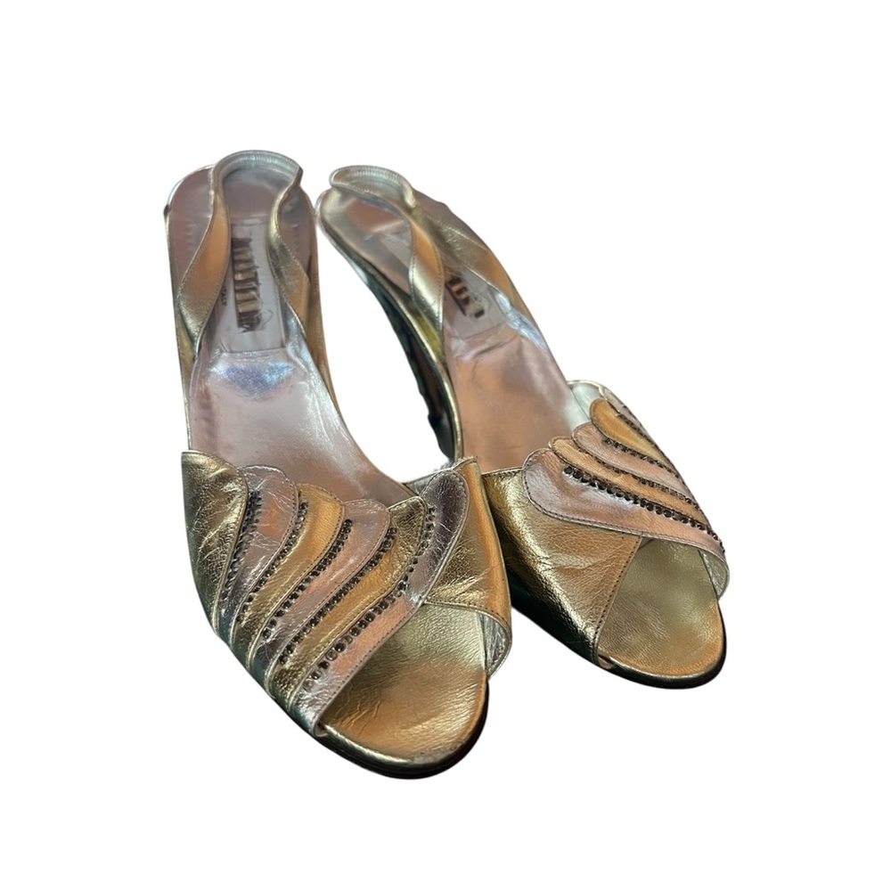Vintage 80s sling back peep toe, silver and gold metallic rhinestone heels